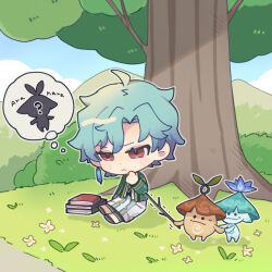 Rule 34 | 1boy, :&lt;, ahoge, akademiya uniform, aranara (genshin impact), ararycan (genshin impact), black footwear, blue hair, blue sky, blush, book, book stack, bush, chibi, closed mouth, cloud, commentary, day, dottore (genshin impact), earrings, flower, frown, genshin impact, grass, green jacket, hair between eyes, hand up, holding, holding stick, jacket, jewelry, koma (km mmmk), long sleeves, looking down, on grass, open clothes, open jacket, outdoors, outline, parted bangs, red eyes, shirt, shoes, short hair, single earring, sitting, skirt, sky, solo, stick, sweatdrop, symbol-only commentary, thinking, thought bubble, tree, trembling, white flower, white outline, white shirt, white skirt