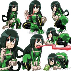 Rule 34 | 10s, 1girl, all fours, animal, ass, asui tsuyu, black eyes, bodysuit, boku no hero academia, eyebrows, eyelashes, frog, frog girl, gloves, green hair, hair rings, highres, lewdamone, long hair, long tongue, low-tied long hair, open mouth, round teeth, sketch, solo, split-toe footwear, squatting, teeth, tongue, tongue out, white gloves