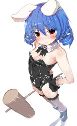 Rule 34 | 1girl, alternate costume, alternate hairstyle, animal ears, bare shoulders, black gloves, blue hair, blush, boots, bow, bowtie, detached collar, drill hair, fishnet thighhighs, fishnets, foreshortening, from above, full body, gloves, greatmosu, hammer, hand on own hip, highres, holding, kine, leotard, looking at viewer, mallet, playboy bunny, rabbit ears, red eyes, seiran (touhou), short hair, simple background, smile, solo, thighhighs, touhou, white background