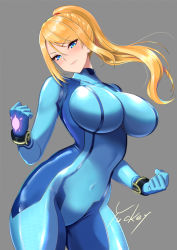 Rule 34 | 1girl, alternate breast size, bad id, bad pixiv id, blonde hair, blue eyes, blush, bodysuit, breasts, clenched hands, closed mouth, covered navel, cowboy shot, eyelashes, glowing, grey background, highres, impossible bodysuit, impossible clothes, large breasts, lips, long hair, metroid, nintendo, ponytail, samus aran, shiny clothes, signature, simple background, skin tight, smile, solo, swept bangs, turtleneck, yuckey, zero suit