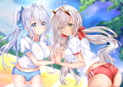 Rule 34 | 2girls, :q, absurdres, ahoge, alternate costume, ass, azur lane, blue bow, blue buruma, blue eyes, blurry, blurry background, blush, bow, breasts, buruma, closed eyes, closed mouth, commentary request, cowboy shot, dark-skinned female, dark skin, eyes visible through hair, gym uniform, hair between eyes, hair bow, heart, heart-shaped pupils, heart ahoge, highres, holding hands, horns, indianapolis (azur lane), large breasts, long hair, looking at viewer, maddo (gasser 0518), mechanical horns, multiple girls, open mouth, portland (azur lane), red bow, red buruma, shirt, siblings, side ponytail, sisters, smile, symbol-shaped pupils, thighhighs, tongue, tongue out, twintails, upper body, very long hair, white shirt, white thighhighs, yellow eyes
