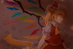 Rule 34 | 1girl, ascot, blonde hair, character name, dark, evil grin, evil smile, flandre scarlet, glowing, glowing eye, grin, hat, hat ribbon, highres, looking at viewer, mob cap, profile, puffy sleeves, red eyes, ribbon, rinrin-shi, sash, shirt, short sleeves, side ponytail, skirt, skirt set, smile, solo, touhou, upper body, vest, wings