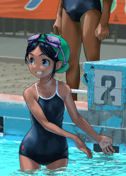 Rule 34 | 1boy, 1girl, black hair, blue eyes, blue male swimwear, blue one-piece swimsuit, blue school swimsuit, blue swim briefs, bulge, clenched hands, collarbone, commentary request, competition school swimsuit, cowboy shot, dark skin, erection, erection under clothes, eyewear on head, goggles, goggles on head, grin, highres, long hair, looking to the side, male swimwear, one-piece swimsuit, open mouth, original, partially submerged, pool, poolside, rohitsuka, school swimsuit, smile, soaking feet, solo focus, starting block, swim briefs, swim cap, swim goggles, swimsuit, tan, tanline, teeth, wading, water, wet, wet clothes, wet swimsuit
