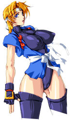 Rule 34 | 1girl, blonde hair, blue eyes, blue gloves, blue thighhighs, breasts, covered erect nipples, cowboy shot, cropped legs, fingerless gloves, from side, gloves, headband, highleg, highleg leotard, impossible clothes, impossible leotard, japanese clothes, large breasts, legs apart, leotard, looking at viewer, martial champion, open clothes, parted lips, qkat (arikawa-dou), racheal, sash, simple background, skin tight, solo, thighhighs, thighs, turtleneck, white background