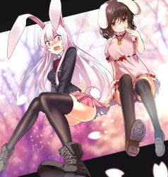 Rule 34 | 2girls, :3, animal ears, ankle boots, ass, black footwear, black hair, black legwear, black panties, blazer, boots, carrot necklace, cross-laced footwear, d:, dress, highres, inaba tewi, jacket, jewelry, koissa, loafers, long hair, long sleeves, miniskirt, multiple girls, necklace, necktie, open mouth, panties, pantyshot, pink dress, pink hair, pink skirt, puffy short sleeves, puffy sleeves, rabbit ears, rabbit girl, rabbit tail, red eyes, red necktie, reisen udongein inaba, shoes, short dress, short hair, short sleeves, sitting, skirt, smile, tail, thighhighs, touhou, underwear, very long hair, wavy mouth, wing collar