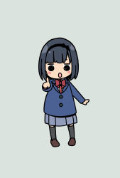 Rule 34 | 1girl, black hair, black hairband, black thighhighs, blue jacket, blue skirt, blunt bangs, blush stickers, bow, bowtie, brown footwear, chibi, commentary request, full body, hairband, highres, hitoribocchi no marumaru seikatsu, jacket, katsuwo (cr66g), kurai kako, long sleeves, open mouth, pleated skirt, pointing, pointing at viewer, red bow, red bowtie, school uniform, shoes, short hair, simple background, skirt, solo, standing, thighhighs