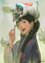 Rule 34 | 1girl, black hair, blush, bone, braid, earrings, hair ornament, highres, horns, japanese clothes, jewelry, lips, long hair, looking at viewer, oni, oni horns, open mouth, original, pale skin, pet, smile, tail, tongue, twin braids, twintails, witch, zeenchin