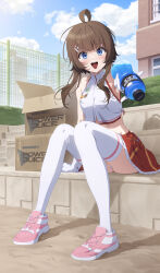 Rule 34 | 1girl, absurdres, ahoge, armpits, bare shoulders, blue eyes, bottle, box, breasts, brown hair, cardboard box, cheerleader, counter:side, crop top, crop top overhang, day, frilled skirt, frills, gloves, hair ornament, hairclip, highres, holding, holding bottle, long hair, looking at viewer, manda (luts7602), midriff, miniskirt, official alternate costume, open mouth, outdoors, outstretched arm, panties, panty peek, pink footwear, red skirt, shirt, shoes, sitting, skirt, sleeveless, sleeveless shirt, small breasts, smile, sneakers, solo, sports drink, sunlight, thighhighs, thighs, underwear, white gloves, white panties, white shirt, white thighhighs, yang harim