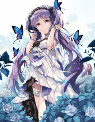 Rule 34 | 3girls, armlet, bug, butterfly, closed mouth, dress, euryale (fate), fate/grand order, fate/hollow ataraxia, fate (series), flower, hairband, headdress, hirai yuzuki, insect, lolita hairband, long hair, medusa (fate), medusa (rider) (fate), multiple girls, purple eyes, purple hair, rain, rose, siblings, sisters, smile, solo focus, standing, stheno (fate), strapless, strapless dress, twins, twintails, water, white dress, white flower, white rose