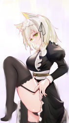Rule 34 | 1girl, absurdres, alternate costume, animal ears, arknights, black dress, black panties, black ribbon, black thighhighs, blurry, blush, breasts, cat ears, closed mouth, commentary, dated, depth of field, dress, enmaided, eyelashes, foot out of frame, frilled dress, frills, garter straps, green eyes, green hair, grey background, hair ribbon, highres, juliet sleeves, kal&#039;tsit (arknights), large breasts, leg up, liu liaoliao, long sleeves, looking at viewer, maid, maid headdress, official alternate costume, panties, puffy sleeves, ribbon, romaji commentary, short hair, signature, silver hair, simple background, solo, standing, standing on one leg, strap pull, thighhighs, thighs, underwear, wing collar