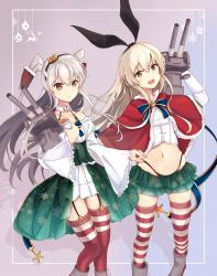 Rule 34 | amatsukaze (kancolle), bow, dress, garter straps, green dress, highres, himeyamato, kantai collection, long hair, looking at viewer, open mouth, ribbon, self-upload, shimakaze (kancolle), short dress, silver hair, smile, striped clothes, striped thighhighs, thighhighs, two side up