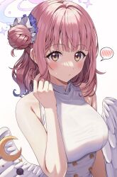 Rule 34 | 1girl, absurdres, alternate hair length, alternate hairstyle, angel wings, blue archive, blush, breasts, closed mouth, dress, flower, hair bun, hair flower, hair ornament, halo, highres, large breasts, looking at viewer, medium hair, mika (blue archive), ojyomu, pink hair, pink halo, purple flower, simple background, single side bun, sleeveless, sleeveless dress, solo, spoken blush, upper body, white background, white dress, white wings, wings, yellow eyes