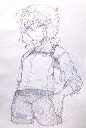 Rule 34 | 1girl, ahoge, alternate costume, bags under eyes, belt, breasts, chest harness, collared shirt, commentary request, cropped legs, denim, dress shirt, graphite (medium), greyscale, harness, highres, holster, jeans, looking at viewer, monochrome, pants, parted lips, shirt, shirt tucked in, short hair, sidelocks, simple background, sleeves rolled up, small breasts, solo, standing, thigh strap, thumb in pocket, toriniku29, traditional media, vocaloid, voiceroid, yuzuki yukari