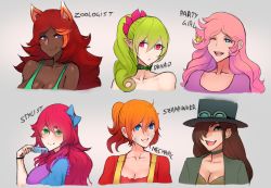 Rule 34 | 6+girls, :/, :d, animal ears, apron, bare shoulders, blue eyes, blue shirt, blush, bow, braces, breasts, brown hair, character name, cleavage, collarbone, dark-skinned female, dark skin, dryad (terraria), eyewear on headwear, flower, fox ears, freckles, green eyes, green hair, green jacket, green tank top, grin, hair between eyes, hair bow, hair flower, hair ornament, hair over one eye, hat, jacket, long hair, looking at viewer, mechanic (terraria), multiple girls, one eye closed, open mouth, orange hair, overalls, party girl (terraria), pink eyes, pink hair, pink shirt, ponytail, purple apron, red hair, red shirt, scathegrapes, shirt, smile, star (symbol), steampunker (terraria), stylist (terraria), tank top, terraria, upper body, wink, zoologist (terraria)