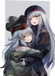 Rule 34 | 2girls, beret, black hat, blunt bangs, closed mouth, clothing cutout, coat, facial mark, g11 (girls&#039; frontline), german flag, girls&#039; frontline, green eyes, green hat, green jacket, grey hair, hair between eyes, hair ornament, hat, highres, hk416 (girls&#039; frontline), hug, jacket, long hair, looking at viewer, messy hair, miyabino (miyabi1616), multiple girls, open clothes, open coat, open mouth, plaid, plaid skirt, scarf on head, shoulder cutout, simple background, skirt, teardrop, tears, upper body, white background, white hair
