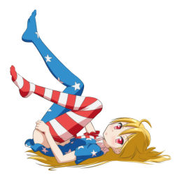 Rule 34 | 1girl, american flag dress, american flag legwear, blonde hair, cato (monocatienus), clothes pull, clownpiece, commentary request, dress, full body, legs up, long hair, looking at viewer, lying, neck ruff, no headwear, no headwear, no shoes, on back, pantyhose, pantyhose pull, red eyes, short dress, short sleeves, simple background, solo, star (symbol), star print, striped, touhou, white background