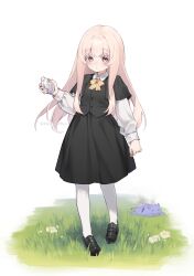 Rule 34 | 1girl, 1other, absurdres, aged down, artist name, blanche neige (svet yomi), blush, bottle, child, demon, eyebrows hidden by hair, flower, grass, habit, hair between eyes, heart, highres, holy water, long hair, long sleeves, looking at viewer, nun, original, pantyhose, pink eyes, sidelocks, svet yomi, water bottle, white hair, white pantyhose