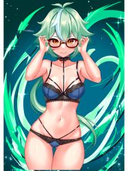 Rule 34 | 1girl, adjusting eyewear, animal ears, antenna hair, blue background, blue bra, blue hair, blue panties, blush, bra, breasts, choker, cowboy shot, cropped legs, genshin impact, glasses, gluteal fold, green background, green hair, groin, hair between eyes, hair flaps, hands up, highres, lace, lace-trimmed bra, lace-trimmed choker, lace panties, lace trim, light blue hair, lingerie, looking at viewer, multicolored hair, navel, orange eyes, panties, ponytail, semi-rimless eyewear, short hair, small breasts, smile, solo, sparkle, streaked hair, sucrose (genshin impact), thigh gap, toptierwaifuus, two-tone background, underwear, underwear only