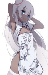 Rule 34 | 1girl, armpits, arms behind head, arms up, bare hips, blue eyes, china dress, chinese clothes, closed mouth, commentary request, cowboy shot, dark-skinned female, dark skin, dress, floral print, hair between eyes, hair bun, kasshoku-chan (katuo1129), long hair, looking at viewer, original, pelvic curtain, print dress, side bun, silver hair, simple background, single hair bun, single side bun, sleeveless, sleeveless dress, smile, solo, thighhighs, unimon e, very long hair, white background, white dress, white thighhighs