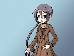 Rule 34 | 10s, 1girl, akebono (kancolle), brown coat, coat, gradient background, grey eyes, hair ornament, hairclip, hand on own hip, kantai collection, long hair, open mouth, purple hair, side ponytail, sixten, solo, very long hair