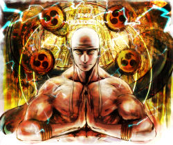 Rule 34 | 1boy, bandana, bangle, bare shoulders, blonde hair, bracelet, earrings, electricity, enel, closed eyes, highres, jewelry, kepe, lightning, long earlobes, male focus, mitsudomoe (shape), muscular, one piece, own hands clasped, own hands together, pale skin, palms together, praying, skypiea, solo, symmetry, tomoe (symbol), topless male, upper body