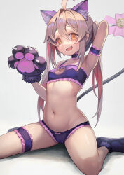 Rule 34 | 1girl, absurdres, ahoge, animal ears, animal hands, arm strap, breasts, cat ears, cat lingerie, cat paws, cat tail, choker, cleavage cutout, clothing cutout, commentary request, genderswap, genderswap (mtf), hakusyokuto, highres, meme attire, navel, onii-chan wa oshimai!, open mouth, oyama mahiro, simple background, sitting, small breasts, tail, thigh strap, twintails, wariza