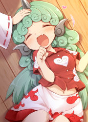 Rule 34 | 2girls, :d, ^ ^, blush, closed eyes, commentary request, cowboy shot, fang, from above, green hair, hakurei reimu, hands up, harusame (unmei no ikasumi), head tilt, heart, horns, kariyushi shirt, komano aunn, long hair, lying, midriff, multiple girls, navel, on back, open mouth, partial commentary, paw pose, red shirt, shadow, shirt, short sleeves, shorts, single horn, skin fang, smile, solo focus, touhou, very long hair, white shorts, wooden floor
