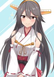 Rule 34 | 1girl, akahi242, black hair, brown eyes, detached sleeves, hair ornament, hairband, hairclip, haruna (kancolle), headgear, highres, kantai collection, long hair, looking at viewer, red skirt, ribbon-trimmed sleeves, ribbon trim, skirt, smile, solo, translation request, upper body, v arms