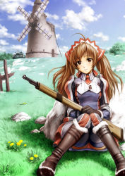 Rule 34 | 00s, 1girl, alicia melchiott, boots, brown eyes, brown hair, cloud, day, fence, flower, gloves, grass, gun, headdress, knee boots, lb, long hair, military, military uniform, military vehicle, motor vehicle, panties, pink panties, rifle, rock, sega, senjou no valkyria, senjou no valkyria (series), senjou no valkyria 1, signature, sitting, sky, smile, solo, tank, thighhighs, tree, twintails, underwear, uniform, upskirt, vehicle, weapon, windmill