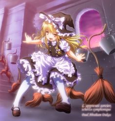 Rule 34 | 1girl, apron, blonde hair, bow, broom, bucket, disney, fantasia, female focus, hair bow, hat, kirisame marisa, mary janes, mickey mouse, pantyhose, parody, rendo, shoes, solo, the sorcerer&#039;s apprentice, touhou, water, white pantyhose, witch, witch hat, yellow eyes