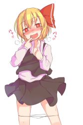 Rule 34 | 1girl, black skirt, blonde hair, blush, bow, collared shirt, commentary request, cowboy shot, fangs, finger in own mouth, furorina, hair bow, heart, long sleeves, looking at viewer, nose blush, open mouth, panties, panty pull, pleated skirt, red bow, red eyes, rumia, saliva, shirt, short hair, simple background, skindentation, skirt, skirt set, solo, sweat, touhou, underwear, white background, white panties, white shirt
