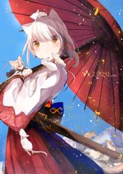 Rule 34 | 2020, 2girls, absurdres, animal, animal ears, blue sky, cat ears, cat girl, chinese zodiac, clear sky, closed mouth, commentary, day, force (fossan 01), from side, frown, hakama, hakama skirt, highres, holding, holding animal, holding umbrella, japanese clothes, kimono, long sleeves, looking at another, medium hair, mini person, minigirl, mountain, mouse (animal), mouse girl, multiple girls, new year, oil-paper umbrella, orange eyes, original, outdoors, red eyes, red hakama, sheath, short ponytail, silver hair, skirt, sky, smile, standing, umbrella, white kimono, wide sleeves, year of the rat