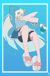 Rule 34 | 1girl, absurdres, arm up, artist logo, black shorts, blonde hair, blue background, blue eyes, blue jacket, blue shirt, blunt bangs, blunt ends, breasts, commentary, english commentary, eyelashes, feet, flip-flops, floating, foreshortening, full body, gradient background, highres, jacket, legs, long sleeves, medium breasts, mohoshadream, open clothes, open jacket, open mouth, original, sandals, shadow, shirt, shorts, solo, toenails, toes, underwater, upper body