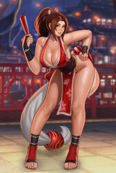 Rule 34 | 1girl, architecture, astrowolf, bare legs, bare shoulders, blurry, blurry background, breasts, brown eyes, brown hair, cherry blossom print, collarbone, commentary, east asian architecture, fatal fury, floral print, full body, hand fan, hand on own hip, high ponytail, highres, holding, holding fan, large breasts, leaning forward, legs, lips, long hair, looking at viewer, ninja, outdoors, parted bangs, parted lips, pelvic curtain, revealing clothes, sash, shiranui mai, solo, standing, the king of fighters, toeless footwear, toes