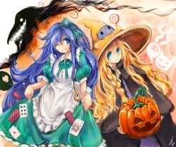 Rule 34 | 2girls, ;), apron, ascot, braid, candy, cape, card, curly hair, cyl, dot heit, dress, green dress, hair ornament, hair ribbon, hairband, halloween, hat, jack-o&#039;-lantern, lollipop, long hair, looking at another, multiple girls, one eye closed, original, playing card, pocket watch, pumpkin, ribbon, roderick bodkin, signature, silhouette, smile, st-ko, steam (platform), sutiko, tappet, very long hair, watch, witch hat