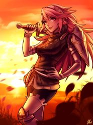 Rule 34 | 1girl, alina l, breasts, fire emblem, fire emblem fates, gloves, hairband, hand on own hip, highres, holding, holding sword, holding weapon, lips, long hair, looking at viewer, medium breasts, nintendo, pink eyes, pink hair, smile, soleil (fire emblem), solo, sunset, sword, weapon, white gloves