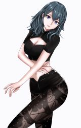 Rule 34 | 1girl, absurdres, black shirt, black shorts, breasts, byleth (female) (fire emblem), byleth (fire emblem), cleavage, clothing cutout, fire emblem, fire emblem: three houses, highres, langspower, large breasts, pantyhose under shorts, looking at viewer, navel, nintendo, pantyhose, purple eyes, purple hair, shirt, short shorts, short sleeves, shorts, simple background, solo, white background