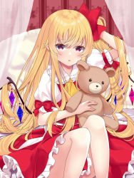 Rule 34 | 1girl, :o, blonde hair, blush, bow, collared shirt, commentary request, crystal, curtains, feet out of frame, flandre scarlet, frilled skirt, frills, hair between eyes, hair bow, knees up, long hair, looking at viewer, one side up, parted lips, pointy ears, puffy short sleeves, puffy sleeves, red bow, red eyes, red skirt, red vest, shirt, short sleeves, sitting, skirt, skirt set, solo, stuffed animal, stuffed toy, teddy bear, tosakaoil, touhou, transparent, very long hair, vest, white shirt, wings