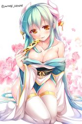 Rule 34 | 1girl, aqua hair, bare shoulders, blush, breasts, cleavage, collarbone, fate/grand order, fate (series), hair ornament, horns, japanese clothes, kimono, kiyohime (fate), kneeling, large breasts, long hair, looking at viewer, obi, sash, smile, solo, thighhighs, twitter username, white thighhighs, yanagi akane (yousei kinoko), yellow eyes