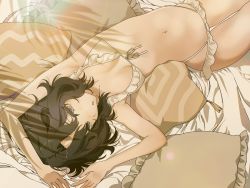 Rule 34 | 1girl, :o, absurdres, amagami, armpits, arms up, bed sheet, bikini, black hair, breasts, breasts apart, cushion, frilled bikini, frills, front-tie bikini top, front-tie top, highres, looking at viewer, lying, messy hair, navel, on back, small breasts, solo, stomach, swimsuit, tanamachi kaoru, thighs, upside-down, usurai rairai