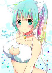 Rule 34 | 1girl, animal ears, aqua hair, arched back, artist name, bad id, bad pixiv id, bare shoulders, bell, blonde hair, blue bow, blue bowtie, blush, bow, bowtie, bra, breasts, cat ears, cat lingerie, cat tail, choker, cleavage, cleavage cutout, closed mouth, clothing cutout, collarbone, colored eyelashes, confetti, dated, eyebrows, frilled bra, frills, gradient hair, green eyes, heart, large breasts, looking at viewer, meme attire, multicolored hair, neck bell, original, pink hair, ponytail, ragho no erika, short hair, signature, solo, sparkle, tail, tareme, underwear, underwear only, upper body, v arms, white bra