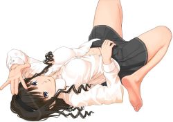 Rule 34 | 1girl, amagami, bare legs, barefoot, blue eyes, blush, brown hair, drill hair, feet, hairband, long hair, looking at viewer, lying, morishima haruka, navel, official art, on back, open clothes, open mouth, open shirt, school uniform, shading eyes, shirt, skirt, soles, solo, spread legs, takayama kisai, toes, upside-down