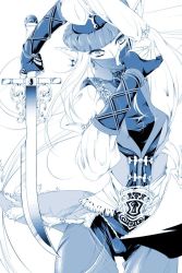 Rule 34 | 00s, 1girl, bad id, bad pixiv id, blue mage (final fantasy), blue theme, elf, elvaan, female focus, final fantasy, final fantasy xi, gloves, monochrome, pinky out, pointy ears, simple background, solo, sword, thigh gap, thighs, toroshio, weapon