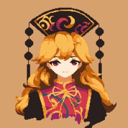 Rule 34 | 1girl, 4qw5, black dress, black hat, bow, bowtie, brown background, chinese clothes, closed mouth, commentary request, crescent, dress, hat, junko (touhou), long hair, long sleeves, looking at viewer, orange hair, phoenix crown, pixel art, pom pom (clothes), simple background, solo, tabard, touhou, upper body, wavy hair, wide sleeves, yellow bow, yellow bowtie