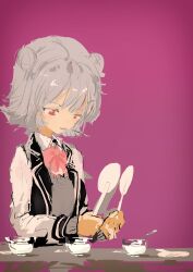 Rule 34 | 1girl, absurdres, black jacket, blazer, bow, bowl, bowtie, cevio, collared shirt, commentary request, double bun, dual wielding, flipped hair, glass bowl, grey hair, grey sweater, hair bun, hands up, highres, holding, holding spatula, jacket, kabuyama kaigi, koharu rikka, light blush, long sleeves, looking at food, looking down, multicolored clothes, multicolored jacket, open clothes, open jacket, pink bow, pink bowtie, purple background, red eyes, shirt, short hair, simple background, solo, spatula, spoon, sweater, synthesizer v, table, two-tone jacket, upper body, utensil in mouth, white shirt, white sleeves, yogurt