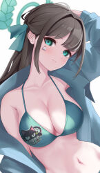 Rule 34 | 1girl, absurdres, airi (blue archive), alternate costume, aqua coat, armpit crease, armpits, bikini, blue archive, blush, breasts, brown hair, cleavage, coat, collarbone, green eyes, hair intakes, hair ribbon, halo, highres, light smile, logo, looking at viewer, medium breasts, naval cat holiday, navel, print bikini, revision, ribbon, simple background, solo, stomach, swimsuit, upper body, white background