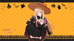 Rule 34 | artist request, bikini, black dress, black gloves, blonde hair, dress, elbow gloves, garter straps, gloves, halloween, halloween costume, hat, highres, kitagawa marin, long image, official art, one eye closed, pointy ears, pumpkin, purple bikini, red eyes, ribbon, see-through, solo, sono bisque doll wa koi wo suru, swimsuit, wide image, witch, witch hat