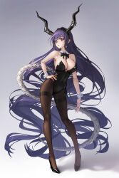 Rule 34 | 1girl, absurdly long hair, alternate costume, arknights, armpit crease, bare arms, bare shoulders, black bow, black footwear, black hairband, black horns, black leotard, black pantyhose, bow, bowlp, bowtie, breasts, breasts apart, buttons, collarbone, commentary request, contrapposto, covered navel, detached collar, drop shadow, eyelashes, fake horns, fingernails, full body, gradient background, grey background, grin, hair between eyes, hair intakes, hairband, hand on own hip, high heels, highleg, highleg leotard, highres, horns, invisible floor, knees, large breasts, legs, legs apart, leotard, long hair, pantyhose, parted lips, pink eyes, playboy bunny, pumps, purple hair, shadow, shiny clothes, side-tie leotard, sideboob, skin tight, smile, solo, standing, strapless, strapless leotard, string, tail, teeth, thighs, two-tone background, typhon (arknights), very long hair, wavy hair, white background, white tail, white wrist cuffs, wing collar, wrist cuffs