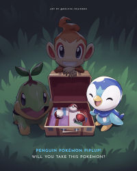 Rule 34 | briefcase, chimchar, commentary, creatures (company), english commentary, english text, closed eyes, game freak, gen 4 pokemon, grass, grin, highres, kelvin-trainerk, nintendo, no humans, open mouth, own hands together, piplup, poke ball, poke ball (basic), pokemon, pokemon (creature), smile, standing, starter pokemon trio, teeth, tongue, turtwig, twitter username