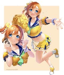 Rule 34 | 1girl, :d, absurdres, ascot, blue eyes, bow, breasts, cheerleader, closed mouth, green ascot, hair bow, highres, kosaka honoka, looking at viewer, love live!, love live! school idol project, medium breasts, multiple views, nakano maru, open mouth, orange background, orange hair, pom pom (cheerleading), shoes, short hair, side ponytail, skirt, smile, solo, twitter username, two-tone background, white background, wrist cuffs, yellow bow, yellow footwear, yellow skirt